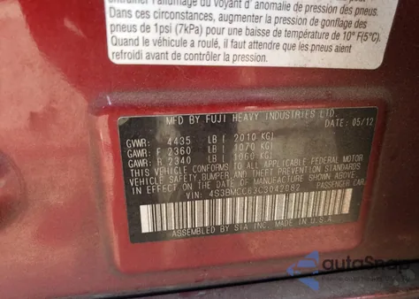 2012 Subaru Legacy 2.5I Premium from USA, damaged, VIN 4S3BMCC63C3042082